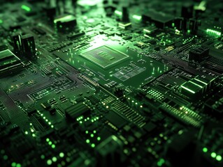 Close-up of a glowing green circuit board design