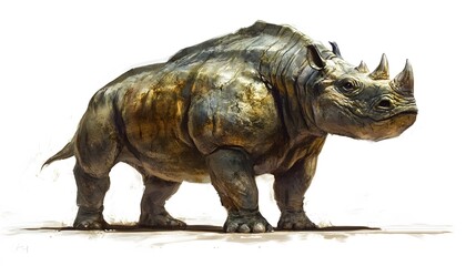 Fototapeta premium A rhinoceros like creature stands with thick skin and horns