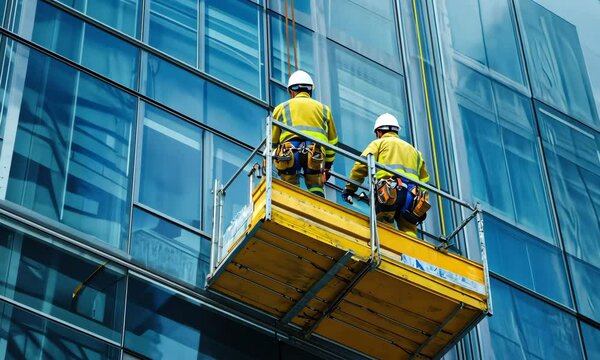 Skyscraper Maintenance: Two workers in safety gear on a suspended platform cleaning the glass facade of a modern skyscraper, highlighting the essential yet unseen labor behind urban infrastructure.