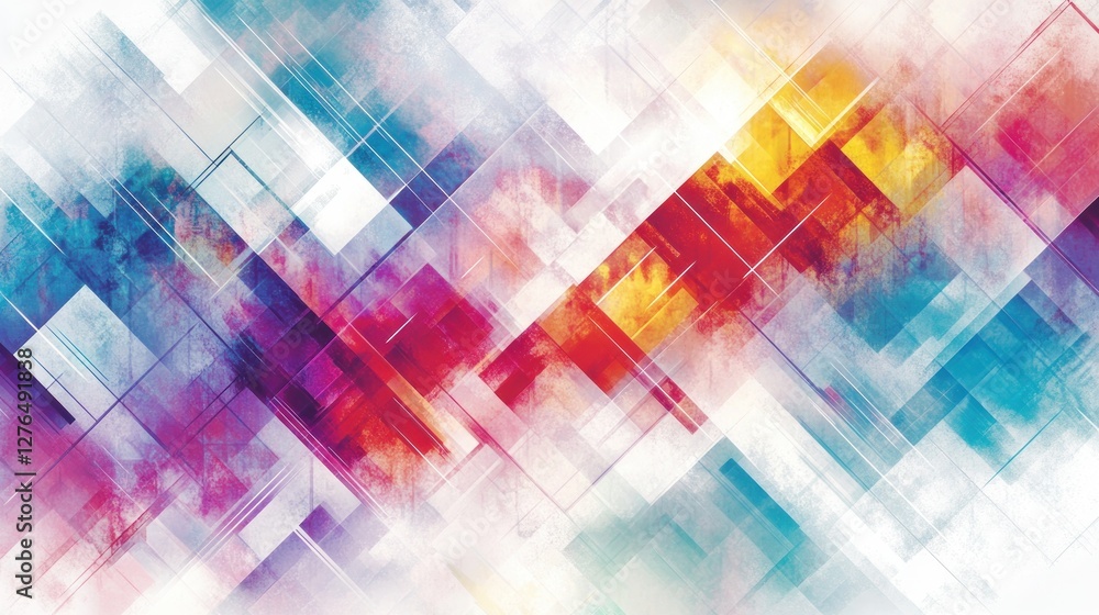 Poster abstract colorful geometric pattern with vibrant hues of red, blue, and yellow creating a dynamic vi