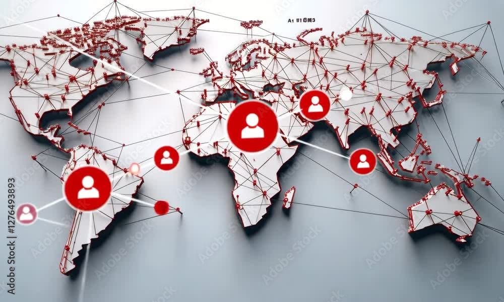 Poster global network of connections: a 3d rendering of a world map interconnected by lines and digital rep