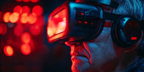 senior man experiencing virtual reality in a futuristic environment