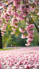 Delicate cherry blossom petals gently falling on the ground, pink, foliage, tree