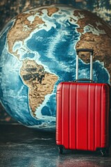 Red suitcase beside a globe in travel setting