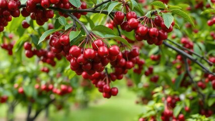 Obraz premium Dark red cherry branches in a lush green orchard, cherry tree, botanical, plant