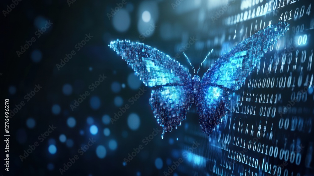 Poster a stunning digital butterfly composed of shimmering blue pixels, set against a backdrop of flowing b