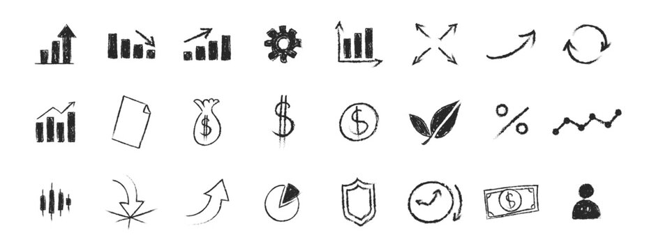 Crayon texture of Financial, Investment, Business and Economic elements, doodle icons, and grunge silhouette and more