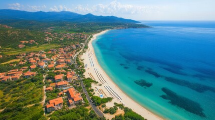 Aerial View Of Beautiful Beach And Coastline On Sardinia, Italy. Summer Holiday Destination With Turquoise Sea.