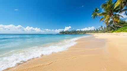 Obraz premium Tropical beach scene, calm waves, sunny day, idyllic paradise, perfect vacation, stunning coastline, scenic view