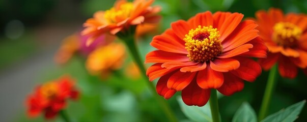 Fototapeta premium Brightly colored Zinnia flowers blooming in a garden, petals, flower