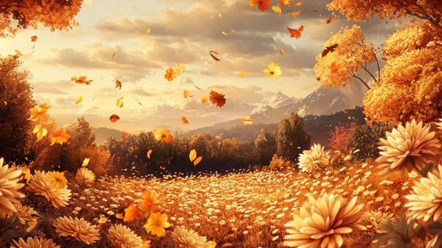 A breathtaking autumn landscape with golden flowers and falling leaves under a glowing sunset sky