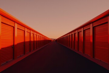 Obraz premium Orange storage units at sunset, perspective view, for business and storage concepts