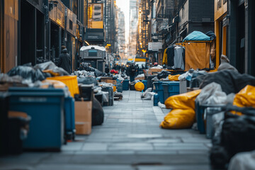 Fototapeta premium Big city alley with plenty of trash can among the building, Landscape view of alley with garbage management problem in the middle of the town.