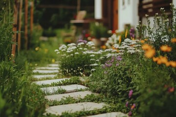 Stone path in a garden with colorful flowers and a blurred house in the background