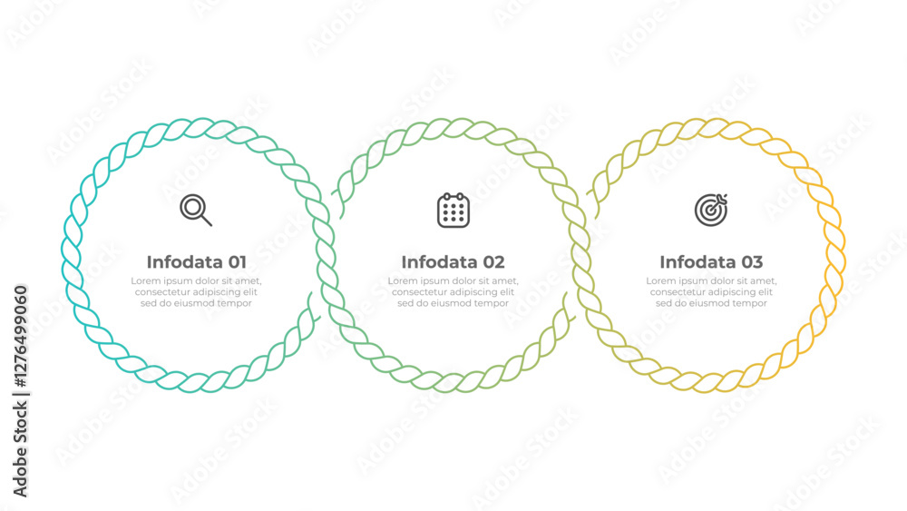 Poster thin line infographic design with 3 circular data points, rope. perfect for presentations, reports, 