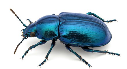 Fototapeta premium Shiny Blue Beetle Close-up Isolated on White Background - Entomology Study