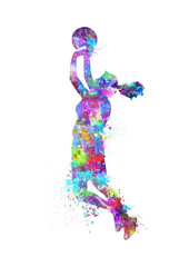 Fototapeta premium A silhouette of a basketball player girl with watercolor splashes in PNG format with a transparent background is ideal for birthday posters, T-shirts, and sublimation. 