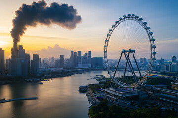 Aerial view amusement park with ferris wheels, Landscape view of amusement park at the pier.