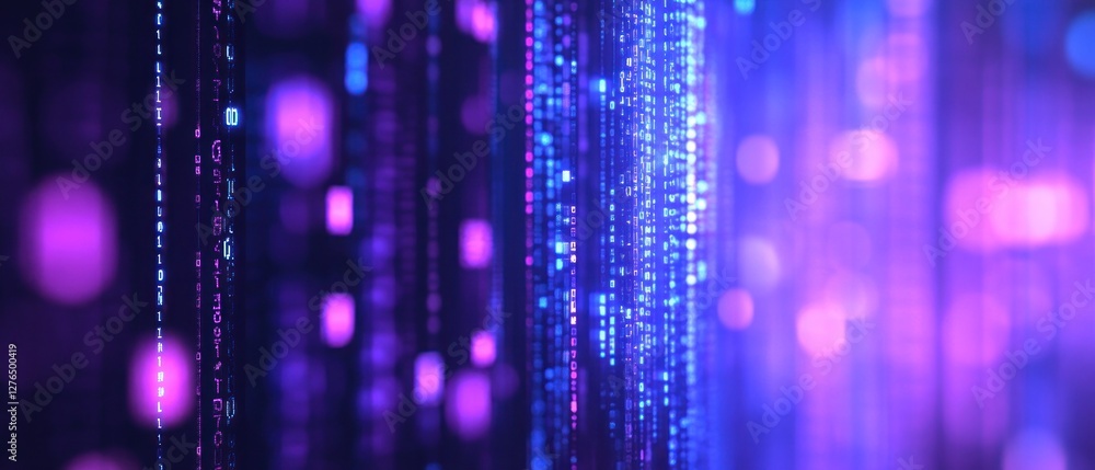 Poster abstract representation of digital data streams flowing through a vibrant purple and blue environmen