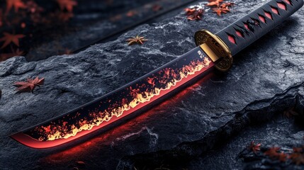 Flaming Katana on Rocks, Autumn Leaves