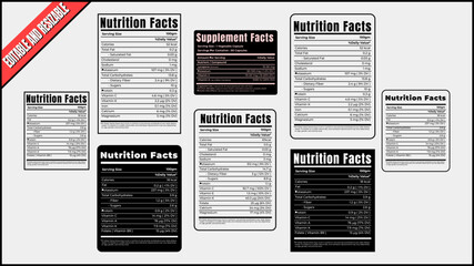 Nutrition facts Label. Vector. Food information with daily value. Data table ingredients include calories, fat, sugar. Package template. Flat illustration isolated on a white background. Layout design