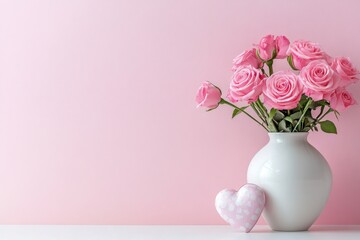 Beautiful pink roses in a white ceramic vase on a soft pink background representing love and elegance. Generated AI