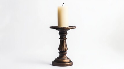 Elegant vintage candlestick holding a lit cream candle against a minimalistic white background, creating a serene and warm atmosphere