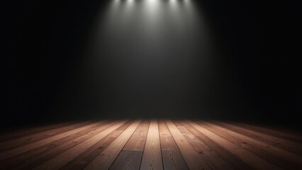 Empty wooden stage floor illuminated by overhead spotlights piercing through darkness. Deep shadows dominate the space, creating dramatic and mysterious theatrical atmosphere.
