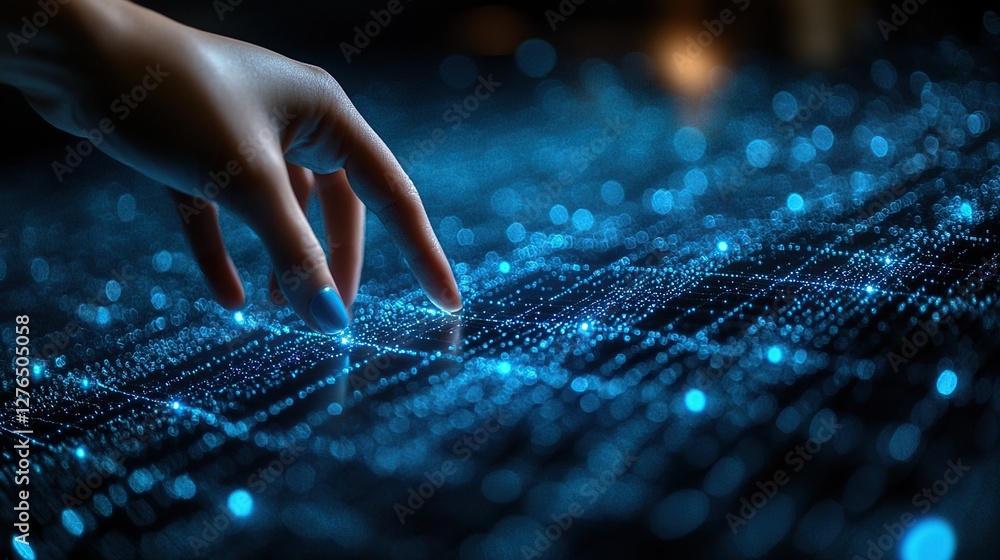 Poster close-up of a hand interacting with a glowing digital interface filled with data points and connecti