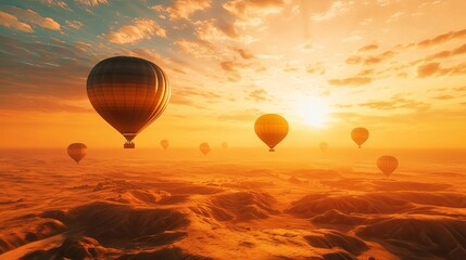 Obraz premium A 3D-rendered dreamy landscape where hot air balloons float in a golden sunset, with copy space.