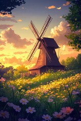 Vintage wooden windmill with beautiful colorful wild flowers in Spring.