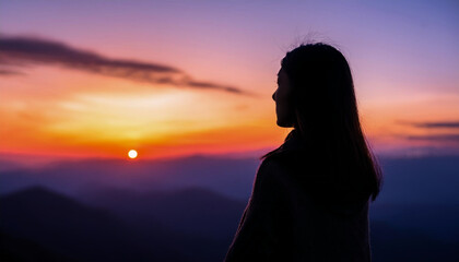 夕陽を見つめる女性