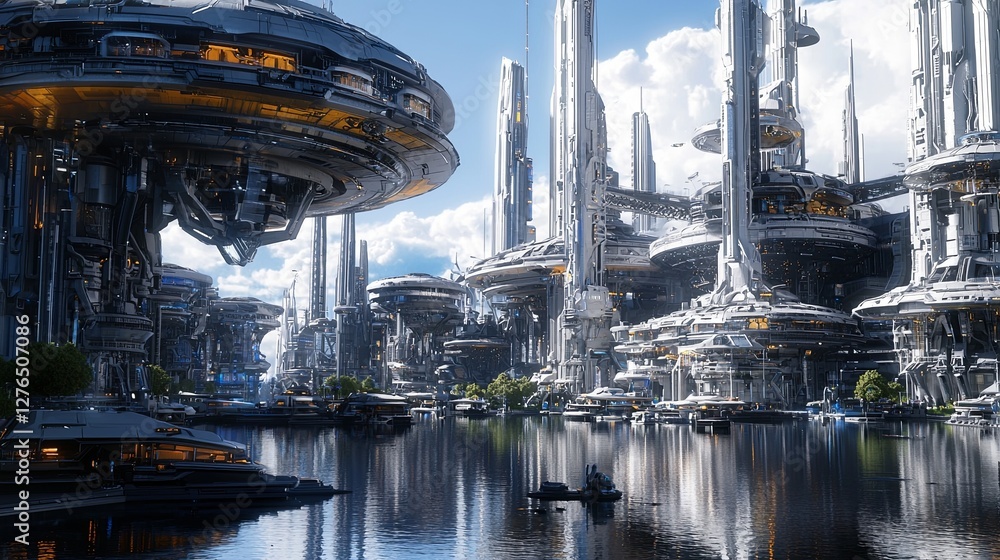 Poster a breathtaking view of a high-tech futuristic city with floating architecture and flying vehicles, w