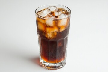 Iced cola in glass on white background, refreshing drink