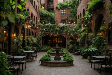 Fototapeta premium Cozy courtyard with fountain, plants, and cafe tables