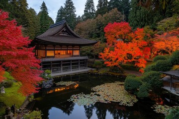 Illuminated temple by pond with autumn foliage at dusk