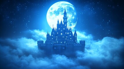 A fantasy castle floating among the clouds under a bright full moon, with room for text.
