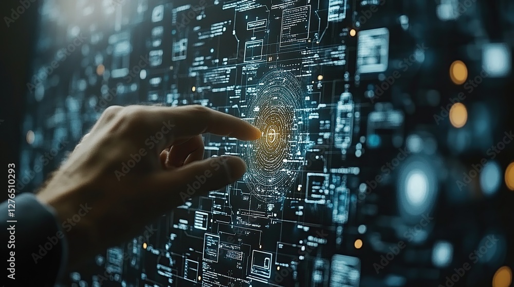 Poster a person interacting with a futuristic digital interface displaying complex data and analytics
