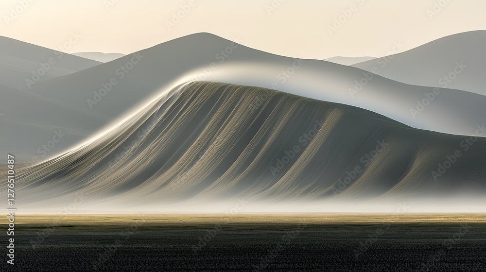 Poster a field with a small hill where water visibly flows upward, creating a paradoxical scene, with room 