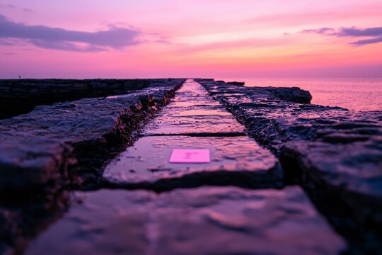 Pink note on pier at sunset