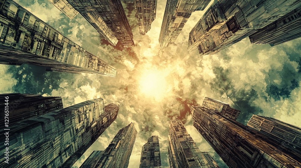 Aufkleber a futuristic skyline with levitating buildings arranged in a circular pattern above a futuristic wor