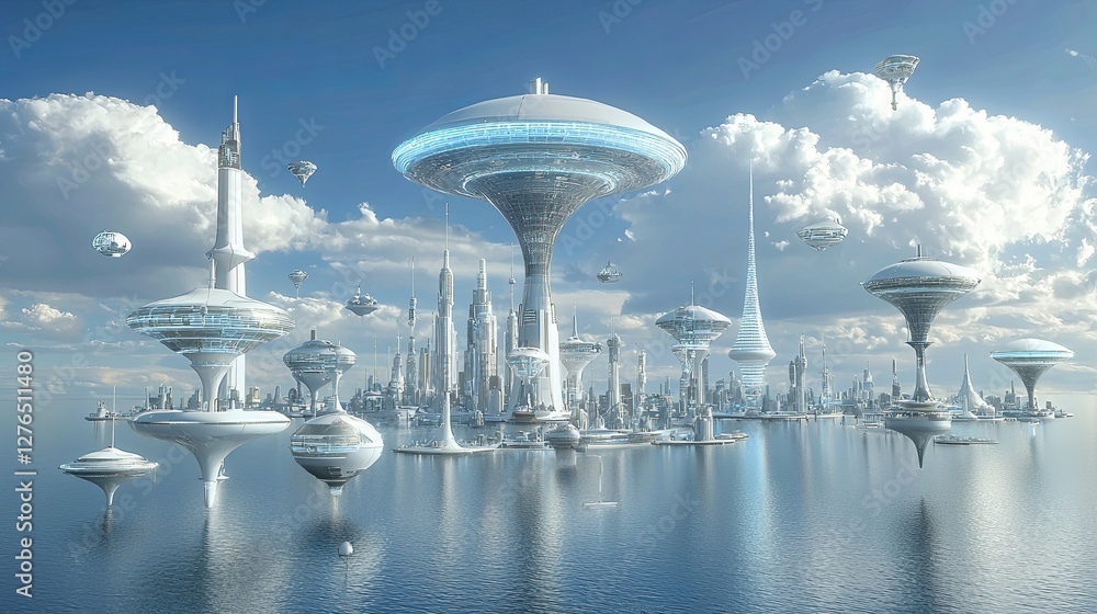 Poster a futuristic urban paradise with high-tech floating structures and holographic projections, with cop