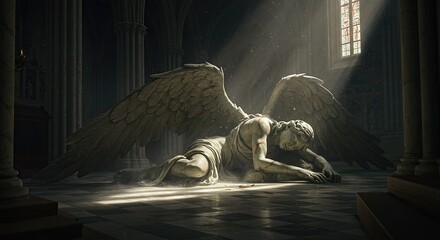Fallen Angel Statue Lies in Church Interior with Light Rays