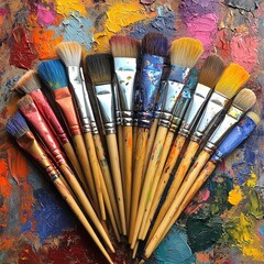 Fototapeta premium Assorted Paintbrushes in a Pile with Bright Paint Stains