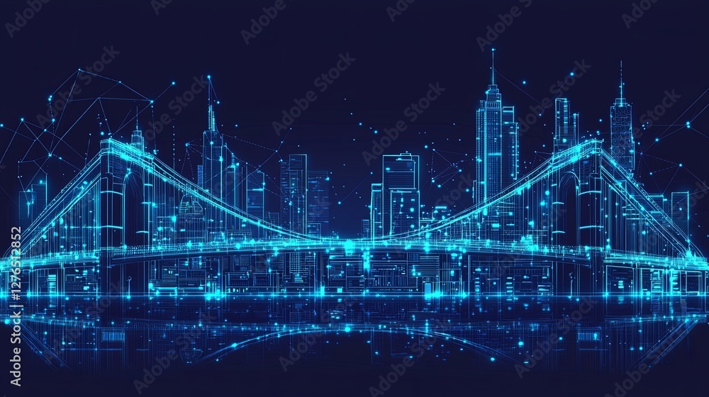 Aufkleber a high-tech metropolis with hovering buildings interconnected by glowing bridges, with copy space.