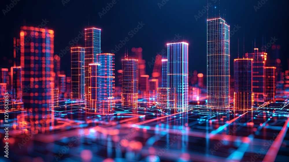 Aufkleber a high-tech metropolis with hovering buildings interconnected by glowing bridges, with copy space.