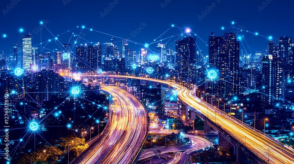 Poster a high-tech metropolis with hovering buildings interconnected by glowing bridges, with copy space.