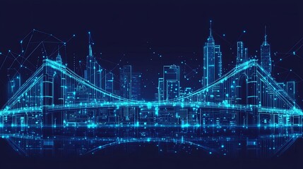 Naklejka premium A high-tech metropolis with hovering buildings interconnected by glowing bridges, with copy space.