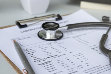 Laboratory Blood Test Report with Stethoscope, Medical Concept