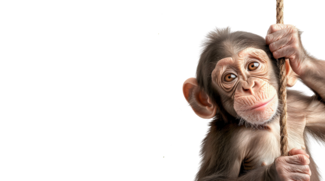 A young chimpanzee looking thoughtfully with a funny expression on a white background